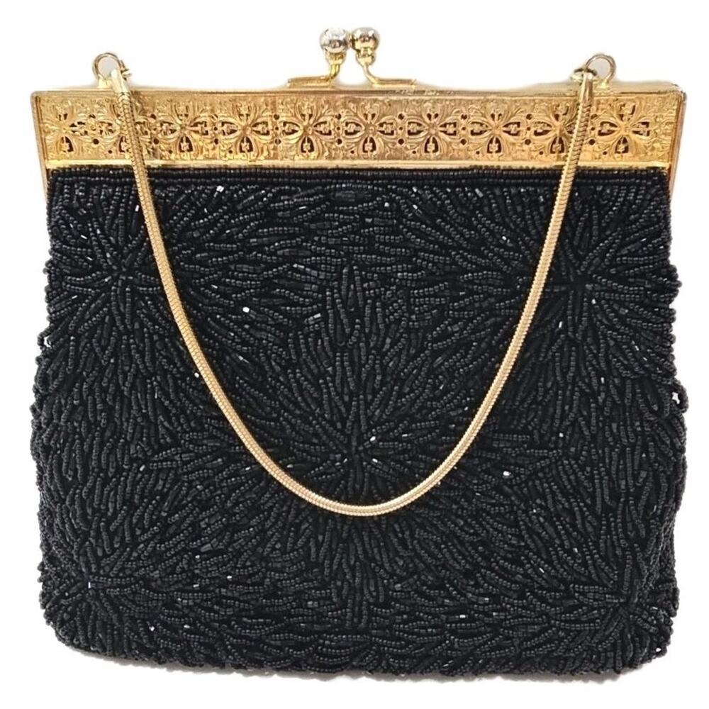 Vintage Walbaeg Beaded Evening Bag 1970's Black w Gold Finish Hardware - Picture 5 of 9